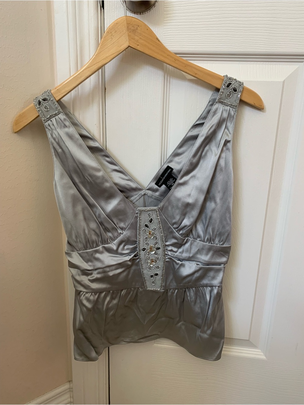 Moda International Silver Beaded Silk Dress Strap Top
